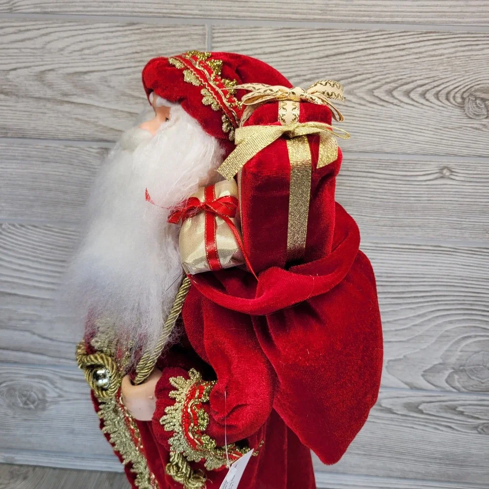 Santa Claus Figurine Red Velvet Gold Trim Traditional Holiday St Nick Sack Gifts